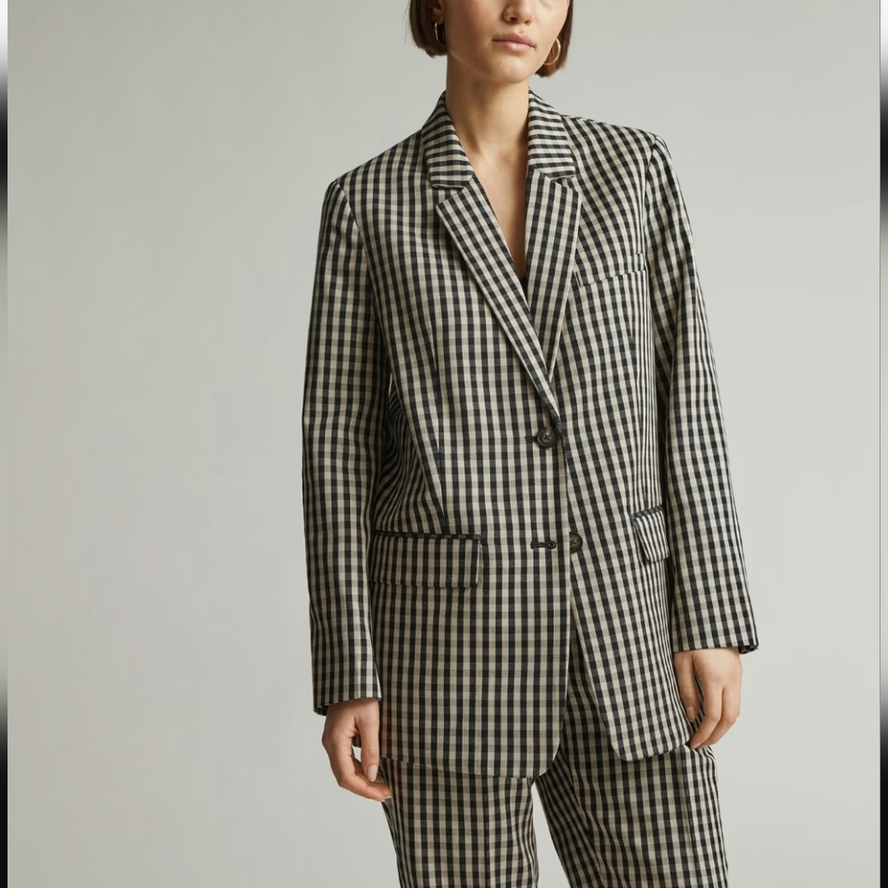 NWT Everlane Oversized Blazer Checkered Plaid Black Tan Khaki Buttersmooth Sz 00